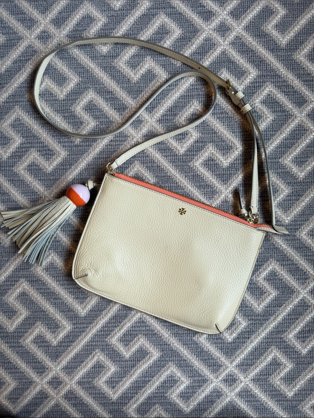 Tory Burch Cream Leather Crossbody with Coral Zipper and Tassel